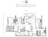 Floor plan: 3-bedroom 2-bathroom unit; features: open-plan kitchen-dining-living, master bedroom with ensuite bathroom, bedroom 2 with shared bathroom, utility room, balcony off living room, central foyer, 1 car porch.