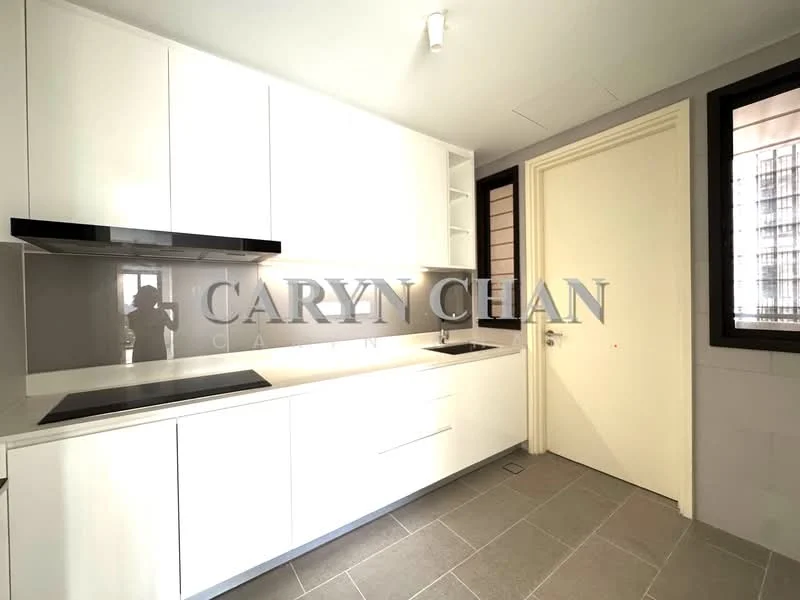 Kitchen features: white flat-panel cabinets, black countertop, built-in oven, stainless-steel sink, chrome pull-down faucet, ceramic tile backsplash, grey tile flooring, recessed downlights, sliding window, open shelving, wall-mounted cabinets; style: modern.