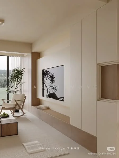 Living features: light beige wall panels, white built-in cabinetry, flat-screen TV mounted on wall, wooden media console, light-colored area rug, large floor-to-ceiling windows, green indoor plant, minimalist armchair, natural light flooding the room, neutral color palette; style: modern; view: garden.