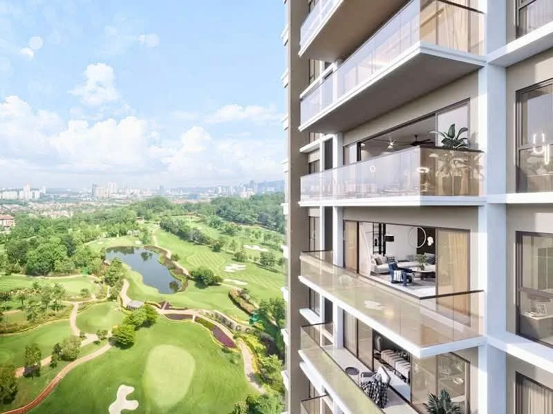 Exterior type: high-rise condominium; features: glass curtain wall, recessed balconies, panoramic city view, golf course view, landscaped gardens, surrounding greenery, modern architectural design, multiple levels, outdoor seating areas; style: modern.