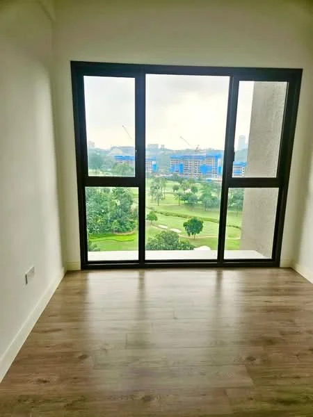 Room features: large floor-to-ceiling windows, wooden flooring, neutral painted walls, view of greenery, view of city skyline, natural light, minimalist design, open space; style: modern; view: garden.