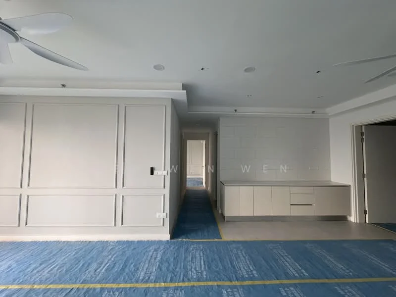 Room features: light blue carpet flooring, white painted walls, crown moulding, recessed downlights, 2-blade ceiling fan, built-in cabinetry with countertop, open layout, doorway leading to hallway; style: modern.