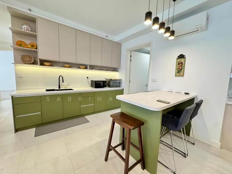Kitchen features: green lower cabinets, beige upper cabinets, white countertop, single-bowl stainless-steel sink, chrome pull-down faucet, built-in microwave, black countertop appliances, recessed LED downlights, bar seating area with two stools, tile flooring, wall-mounted split AC; style: modern.