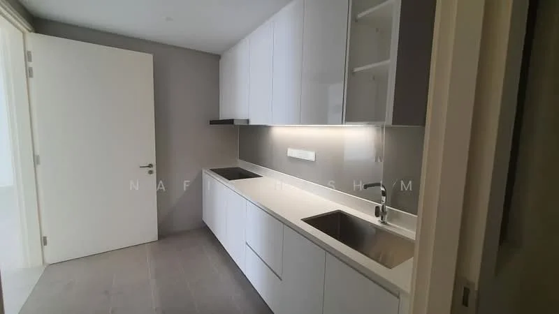 Kitchen features: white flat-panel cabinets, stainless-steel single-bowl sink, chrome pull-down faucet, white quartz countertop, grey tiled backsplash, built-in oven, induction cooktop, recessed downlights, grey tile flooring, open shelving, drawer storage, cabinet with glass front; style: modern.