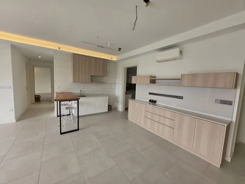 Kitchen features: light wood cabinetry, white countertop, stainless-steel sink, chrome pull-down faucet, built-in oven, freestanding range oven, open shelving, bar stools, tile flooring, recessed downlights, air conditioning unit; style: modern. Room features: light walls, grey tile flooring.