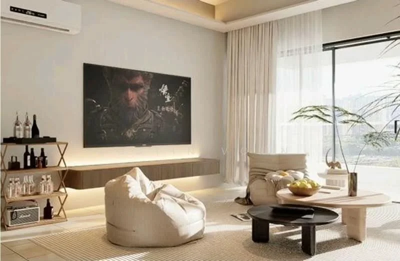 Living features: beige bean bag chairs, wooden coffee table, area rug with geometric pattern, wall-mounted TV, floating TV console, floor-to-ceiling windows, sheer curtains, wall-mounted split AC, decorative plant, bottle display on console, light-colored tiled flooring, neutral painted walls, recessed ceiling lights; style: modern; view: city.