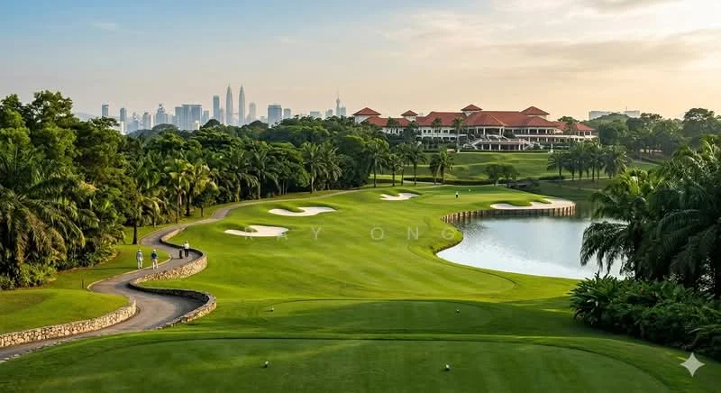 Exterior type: clubhouse; features: lush green golf course, manicured lawns, water features, palm trees, city skyline in background, red-tiled roof clubhouse, golfing pathways, bunkers on golf course; style: tropical-modern.