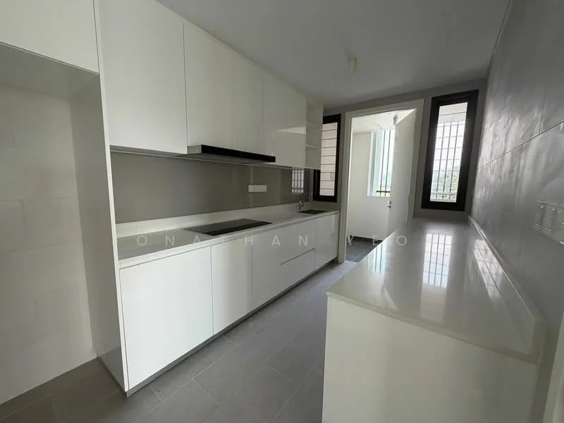 Kitchen features: white flat-panel cabinets, stainless-steel sink, chrome pull-down faucet, white quartz countertop, built-in oven, ceramic tile backsplash, 4-burner gas hob, grey tile flooring, floor-to-ceiling windows, open layout, pantry area; style: modern; view: city.