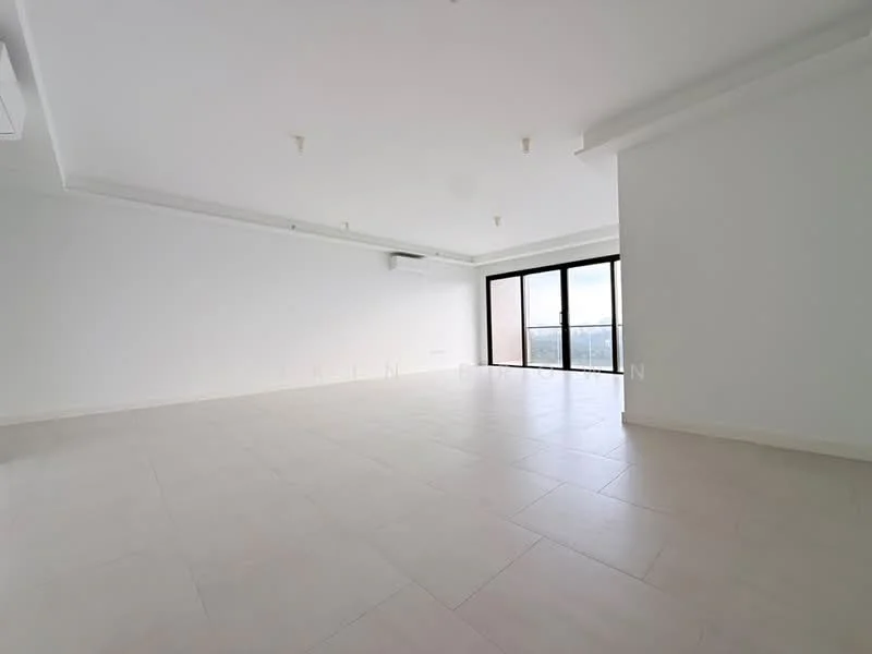 Room features: white painted walls, tile flooring, tray ceiling, floor-to-ceiling windows, sliding glass door, natural light, open layout, no visible furniture; style: modern.