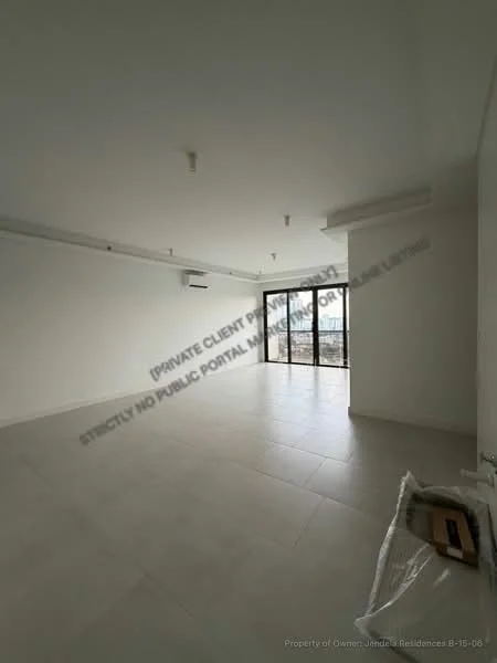 Room features: white painted walls, tile flooring, exposed ceiling with light fixtures, floor-to-ceiling windows, sliding glass door, air conditioning unit, open layout, natural light; style: modern; view: city.