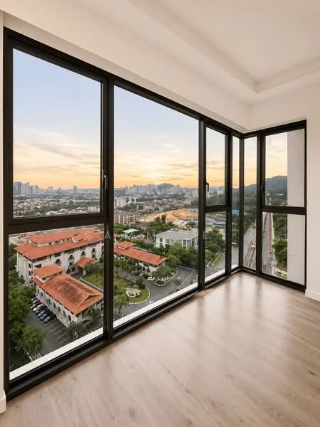 Room features: floor-to-ceiling windows, black window frames, wooden flooring, high ceiling, city skyline view, sunset lighting, open layout, corner unit; style: modern; view: city.
