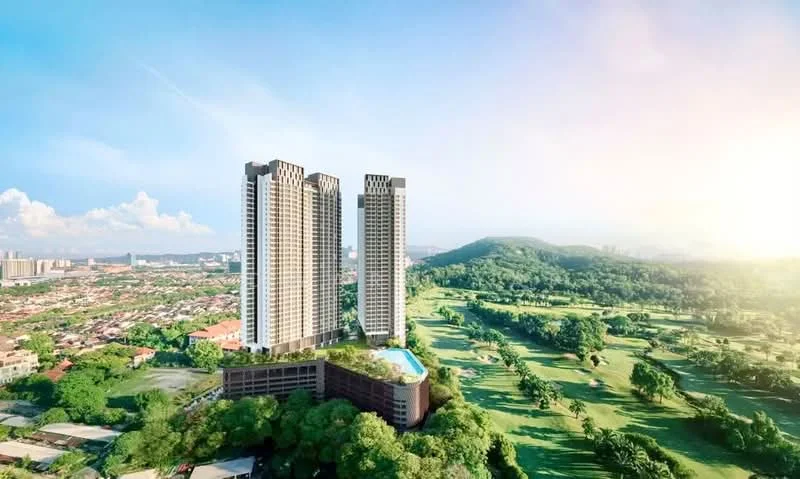Exterior type: high-rise condominium; features: glass curtain wall, recessed balconies, infinity pool, landscaped garden, surrounded by greenery, golf course view, multi-storey car park, modern architectural design; style: modern.