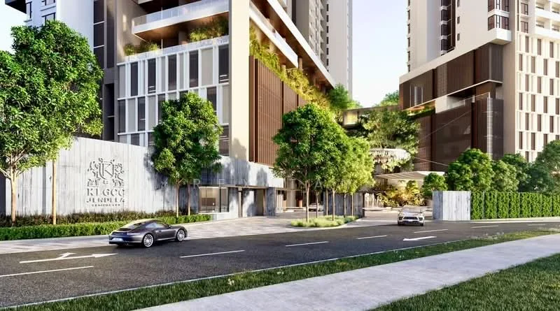 Exterior type: high-rise condominium; features: modern facade with glass and timber cladding, landscaped entrance with greenery, manicured lawn, paved walkway, multiple storeys, balconies with plants, driveway with interlocking pavers, visible vehicles on the road; style: modern.
