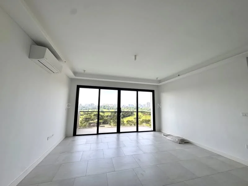 Living features: white painted walls, tile flooring, 5-blade ceiling fan, floor-to-ceiling windows, sliding glass door, city view, wall-mounted split AC, crown moulding; style: modern; view: city.