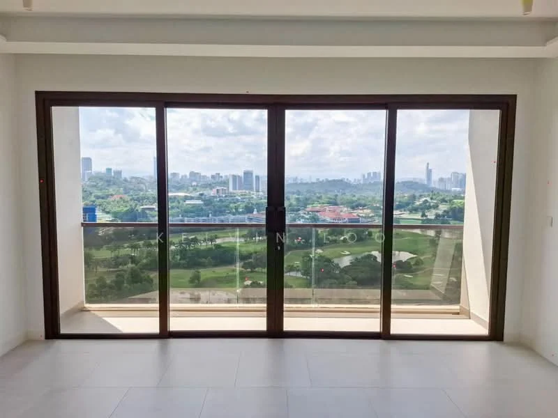Room features: floor-to-ceiling windows, sliding glass door, city skyline view, green landscape view, neutral wall colour, light-coloured flooring, recessed ceiling lights; style: modern; view: city.