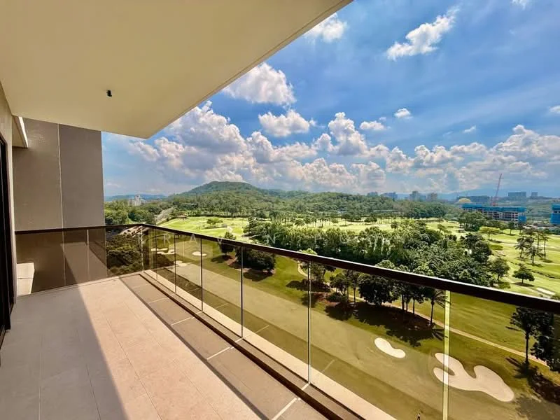 Room features: glass railing, tile flooring, outdoor space, mountain view, golf course view, sky view, sunlight exposure; style: modern; view: golf course.