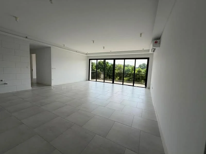 Living features: large floor-to-ceiling windows, sliding glass door, white painted walls, light grey tile flooring, recessed downlights, 1 wall-mounted split AC, open layout, view of greenery; style: modern; view: garden.