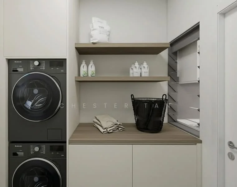 Laundry features: front-load washing machine, front-load dryer, wood countertop, open shelving, white cabinetry, black laundry basket, laundry detergent bottles, folded towels; style: modern.