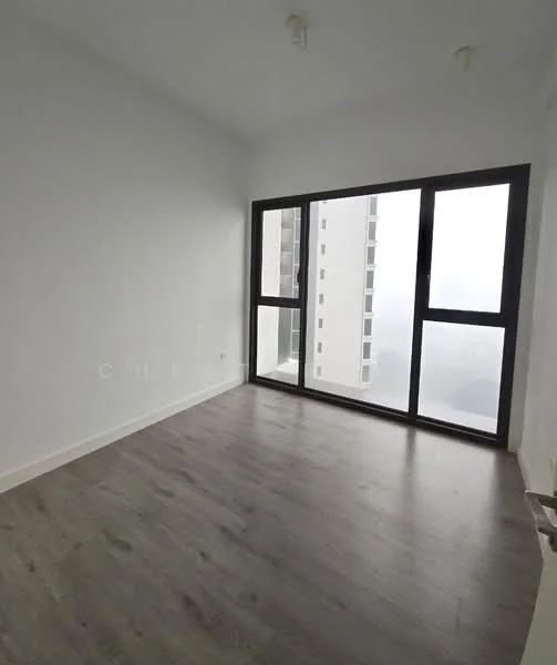 Room features: white painted walls, laminate flooring, floor-to-ceiling windows, city view, no visible furniture, neutral color scheme, minimalist design, two ceiling lights; style: modern; view: city.