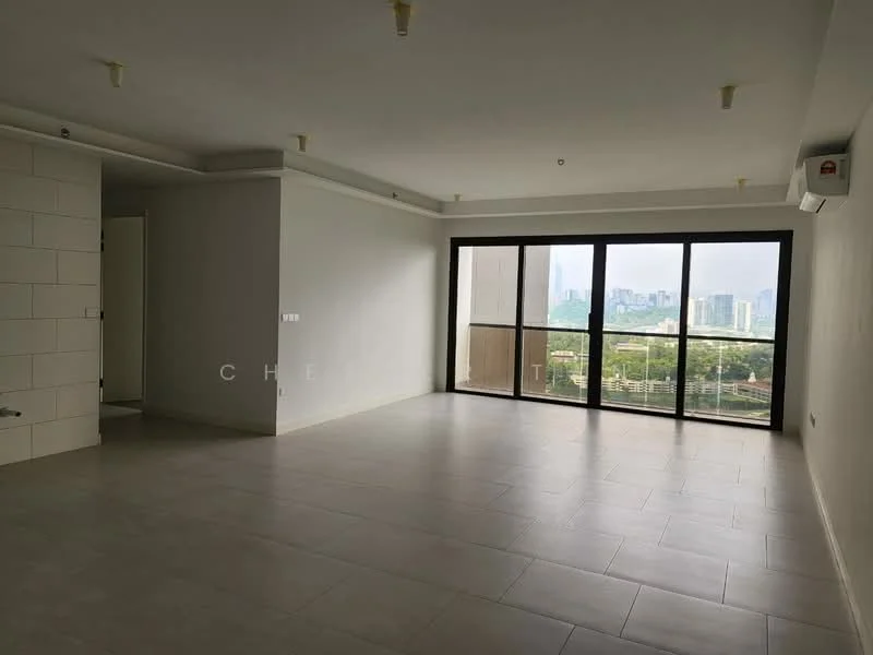Room features: large floor-to-ceiling windows, neutral painted walls, light-colored tile flooring, recessed ceiling lights, wall-mounted split AC unit, open layout, view of city skyline, no visible furniture; style: modern; view: city.