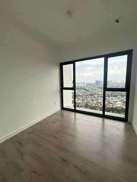 Room features: large floor-to-ceiling windows, city skyline view, light-colored walls, laminate flooring, neutral color palette, minimalist design, no visible furniture, natural light; style: modern; view: city.