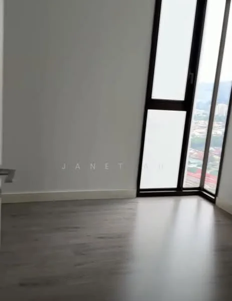 Room features: light wood laminate flooring, white painted walls, floor-to-ceiling windows, city view, corner window, modern design; style: modern; view: city.