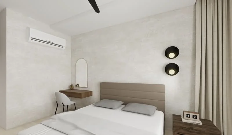 Bedroom features: king-size bed with upholstered headboard, two grey pillows, wall-mounted mirror, wooden bedside table, two wall sconces, white wall with textured finish, cream curtains, 1 wall-mounted split AC, study desk with chair; style: modern.