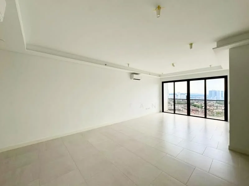 Living features: white painted walls, tile flooring, tray ceiling, floor-to-ceiling windows, city view, 2 wall-mounted split ACs, recessed downlights, no visible furniture or decor; style: modern; view: city.