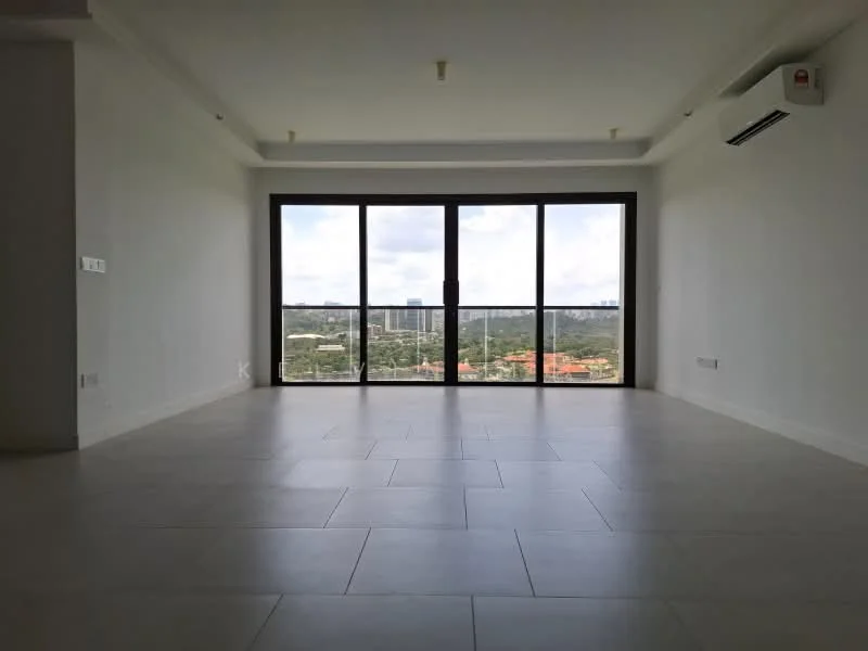 Living features: white painted walls, tile flooring, floor-to-ceiling windows, city view, recessed downlights, 1 wall-mounted split AC, neutral color scheme, open layout; style: modern; view: city.