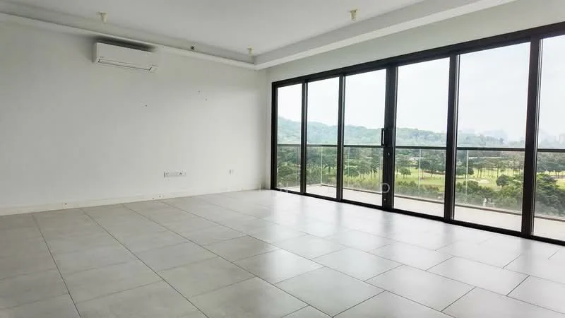 Living features: large floor-to-ceiling windows, grey tiled flooring, white painted walls, recessed ceiling lights, wall-mounted split AC, open layout, view of greenery, access to balcony; style: modern; view: garden.