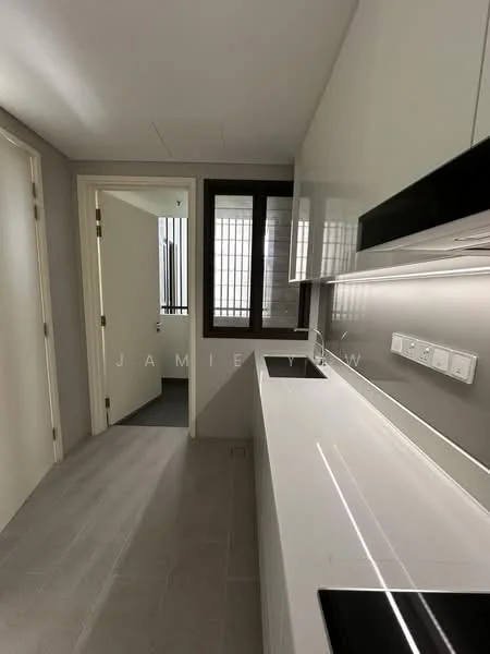 Kitchen features: white cabinetry, white countertop, single-bowl stainless-steel sink, chrome pull-down faucet, built-in oven, ceramic tile flooring, recessed downlights, wall-mounted electrical outlets, sliding window, grey painted walls; style: modern. Room features: door leading to hallway, grey painted walls, light-colored flooring.