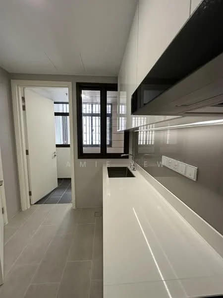 Kitchen features: white quartz countertop, single-bowl stainless-steel sink, chrome pull-down faucet, white cabinetry with flat-panel doors, built-in microwave, built-in oven, grey tiled flooring, recessed downlights, wall-mounted cabinets, window with grid pattern, open layout to adjacent room; style: modern. Room features: white painted walls, grey tiled flooring, door leading to another room.