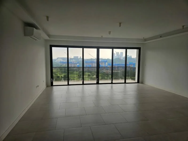 Living features: large floor-to-ceiling windows, white painted walls, light-colored tile flooring, recessed ceiling lights, 1 wall-mounted split AC, open layout, view of city skyline, no visible furniture; style: modern; view: city.