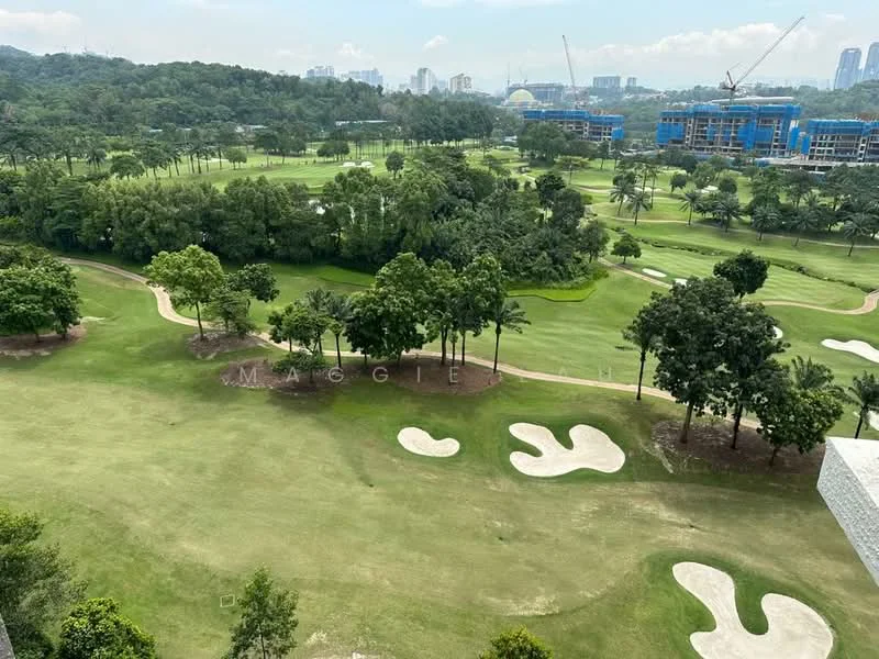 Exterior features: lush green golf course, manicured lawns, mature trees, walking paths, distant city skyline, construction in background, clear blue sky, scenic landscape; style: tropical-modern.
