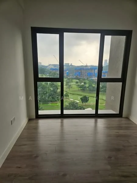 Room features: large floor-to-ceiling windows, wooden flooring, neutral wall colour, view of greenery, view of city skyline, natural light, minimalist design; style: modern; view: garden.