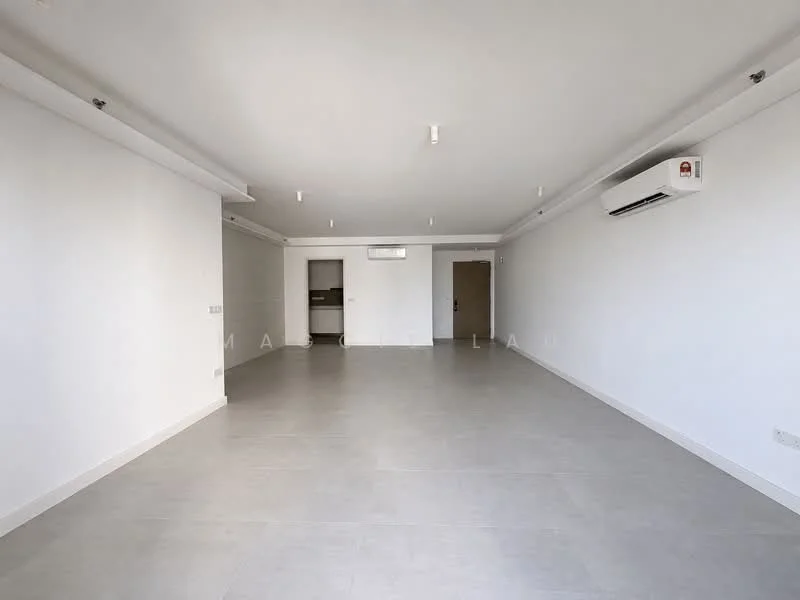 Room features: white painted walls, grey tile flooring, recessed downlights, 1 wall-mounted split AC, open layout, no visible furniture, large open space, neutral color scheme; style: modern.