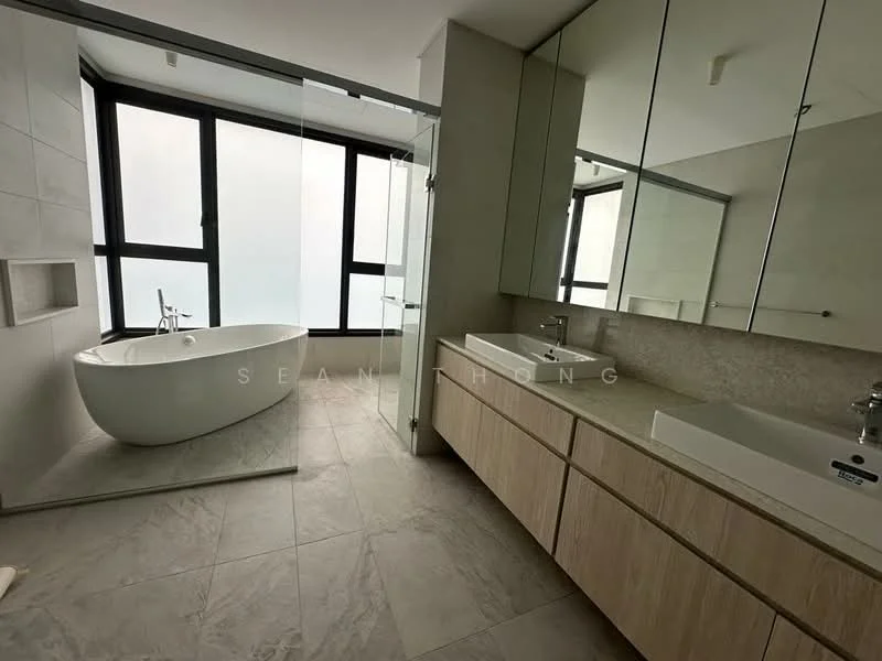 Bathroom features: freestanding bathtub, double-sink vanity with wood cabinet, chrome basin mixer faucets, large wall-mounted mirror, glass shower enclosure, tile flooring, grey wall tiles, floor-to-ceiling windows, natural light, built-in cabinetry; style: modern; view: city.
