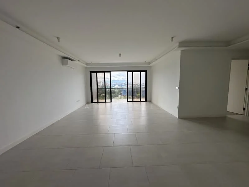 Living features: white painted walls, light-colored tile flooring, floor-to-ceiling windows, black sliding glass door, 1 wall-mounted split AC, recessed downlights, neutral color scheme, open layout; style: modern; view: city.
