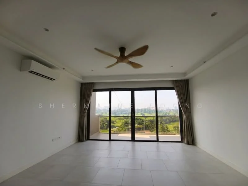 Living features: white painted walls, tile flooring, 5-blade ceiling fan, floor-to-ceiling windows, sliding glass door, curtains, air conditioning unit, view of greenery; style: modern; view: garden.