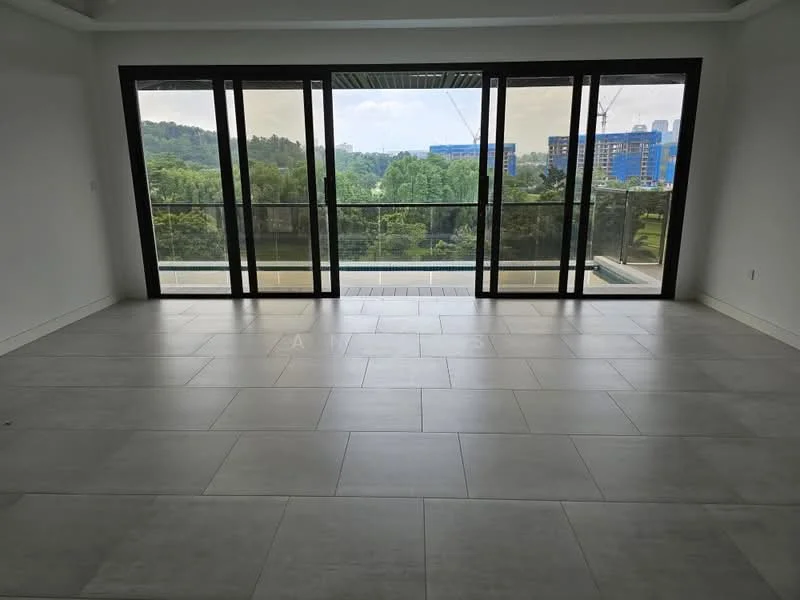 Living features: large floor-to-ceiling windows, sliding glass doors, grey tile flooring, white painted walls, open layout, mountain view, natural light, no visible furniture; style: modern; view: mountain.