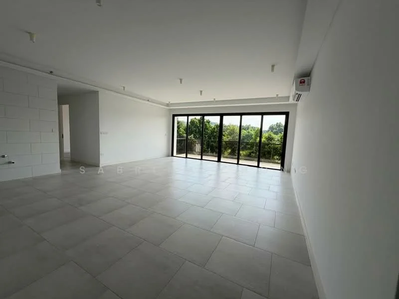 Living features: large floor-to-ceiling windows, sliding glass door, white painted walls, light grey tile flooring, recessed downlights, wall-mounted split AC, open layout, balcony view, no visible furniture, neutral color palette; style: modern; view: garden.