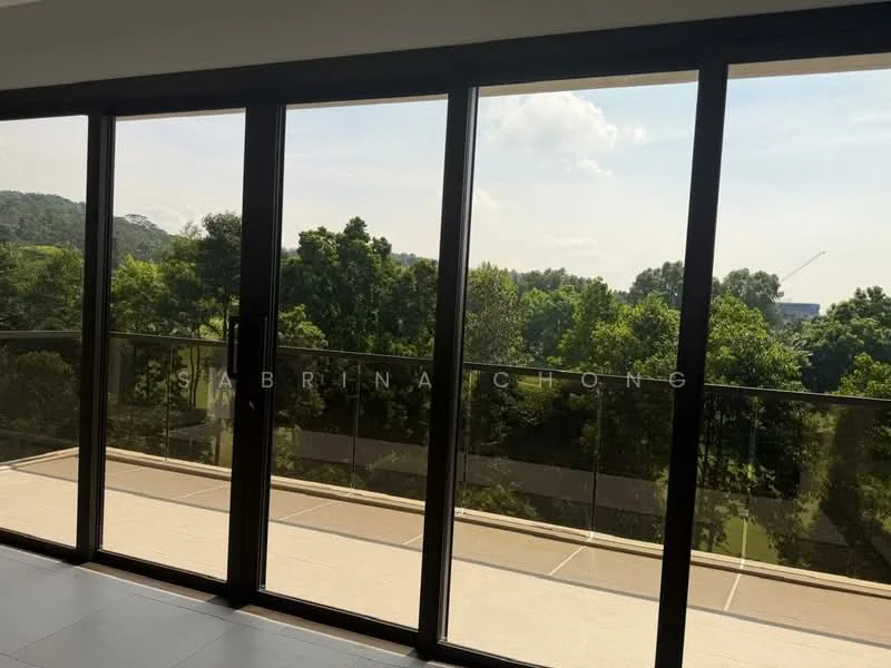 Room features: floor-to-ceiling sliding glass doors, balcony with glass railing, view of greenery, grey tiled flooring, natural light from large windows; style: modern; view: garden.