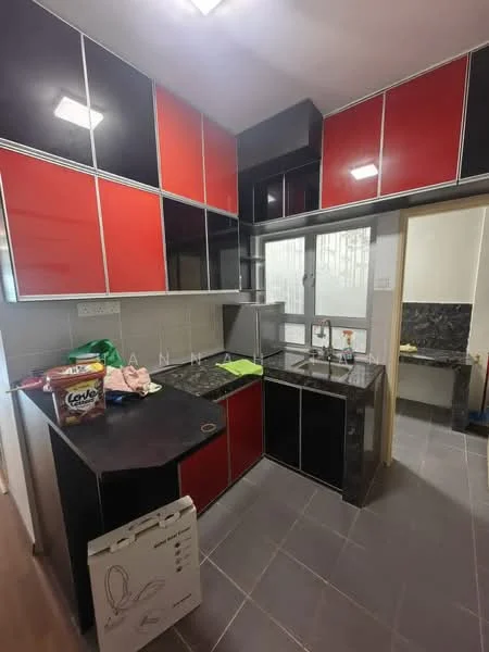 Kitchen features: red and black cabinetry, black countertop, stainless-steel sink, chrome faucet, tile backsplash, grey tile flooring, overhead lighting, window with view to outside; style: modern.