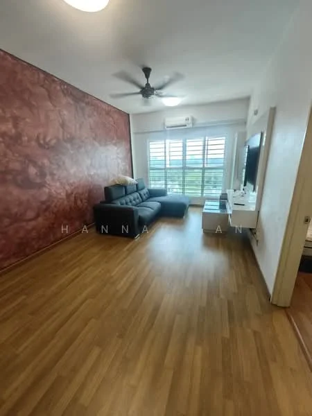 Living features: 3-seater fabric sofa in grey, wooden flooring, ceiling fan, wall-mounted TV, white TV console, floor-to-ceiling windows, air conditioning unit, decorative accent wall with textured finish; style: modern; view: city.