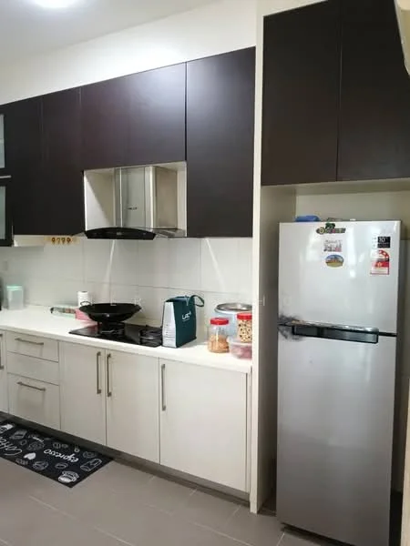 Kitchen features: dark wood cabinetry, white lower cabinets, stainless-steel fridge, built-in oven, stainless-steel range hood, black gas hob, white tiled backsplash, grey tile flooring, black area rug, countertop with space for appliances, open shelving, kitchen utensils visible; style: modern.