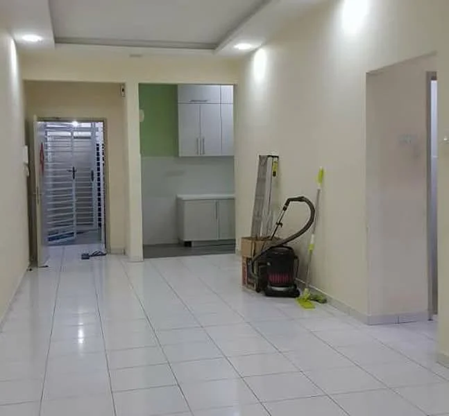 Room features: white painted walls, glossy white tile flooring, recessed downlights, doorway leading to kitchen, vacuum cleaner, ladder, cleaning supplies, open layout; style: modern.