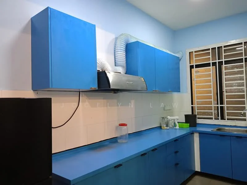 Kitchen features: blue cabinetry, white tiled backsplash, blue countertop, stainless-steel sink, chrome faucet, built-in range hood, black fridge, window with metal grille, ventilation duct, open shelving, glass jars, plastic container; style: modern.