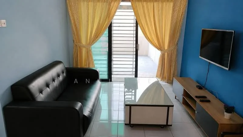 Living features: black leather 3-seater sofa, glass coffee table with white base, wall-mounted TV, light blue painted walls, white tiled flooring, sheer yellow curtains, sliding glass door, natural light from door; style: modern.