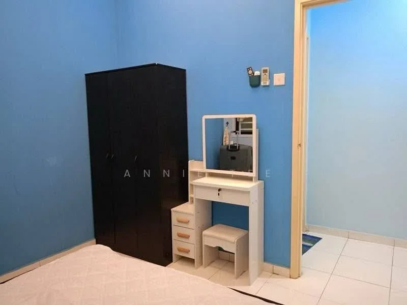 Bedroom features: blue painted walls, white tiled flooring, black wardrobe, white desk with drawers, mirror on desk, white chair, light switch, power outlets.