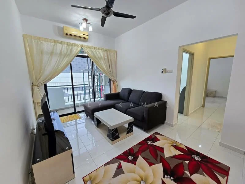 Living features: 3-seater fabric sofa in black, coffee table with white top, TV console in black, wall-mounted TV, area rug with floral pattern, white painted walls, glossy tile flooring, ceiling fan with light, floor-to-ceiling windows with sheer curtains, sliding glass door to balcony; style: modern; view: city.